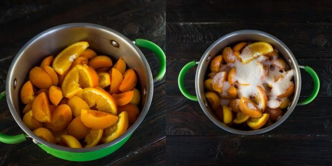 Jam dalle albicocche e arance: frutta, versare lo zucchero