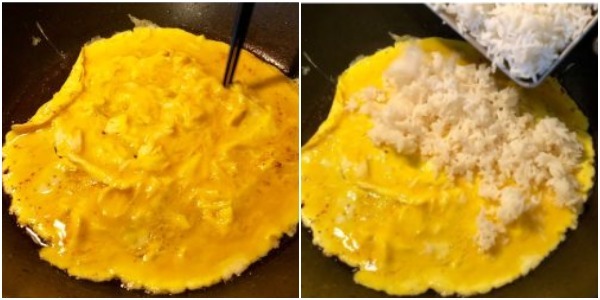 Come cucinare riso fritto con uovo: Friggere le uova e aggiungere il riso