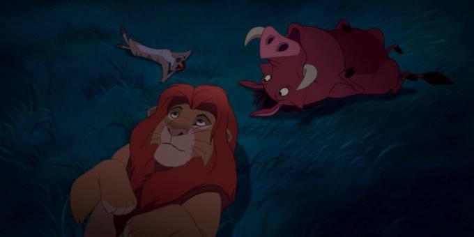 Cartoon "Il Re Leone": Simba, Timon e Pumbaa sono sotto il cielo notturno e pensare la natura di stelle