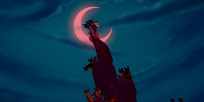 Cartoon "Il Re Leone": Proprio in forma in numero musicale finale essere preparato figura Scar nella scintillante mezza luna nel cielo notturno