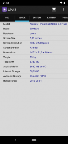 Recensione di Nokia 6.1 Più: CPU-Z (continua)