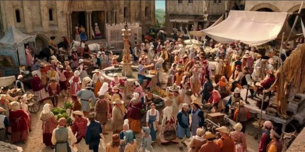 Belle e gli abitanti del villaggio nel film 2017