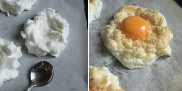 Uova strapazzate: ricetta. Aggiungete del formaggio grattugiato, al centro il tuorlo crudo e rimettete il tutto in forno