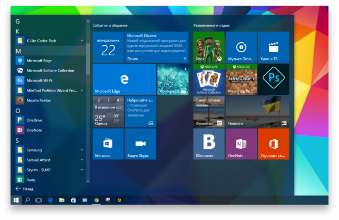 programma in Windows 10: Menu