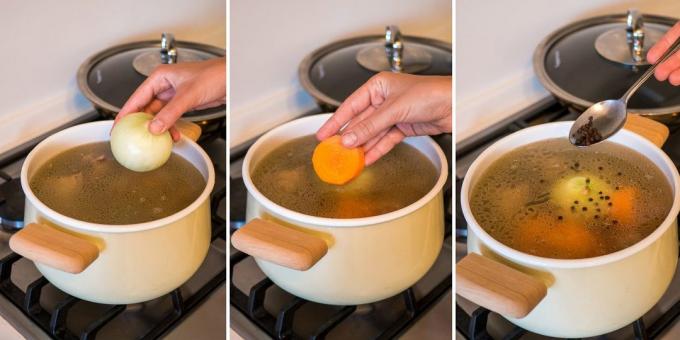 Come cucinare la zuppa di pollo: il brodo, aggiungere le carote, cipolle e peperoni