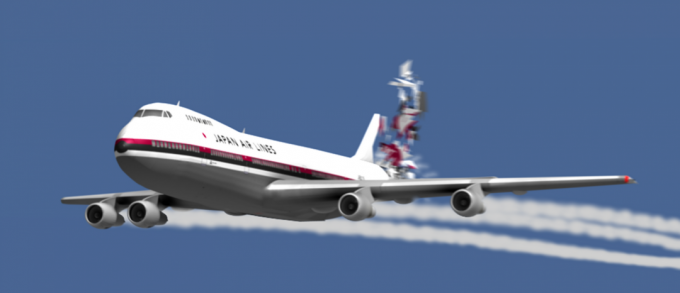 ricostruzione computerizzata dell'incidente del Boeing 747 sopra Tokyo nel 1985