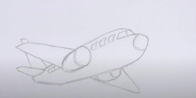 Come si disegna un aeroplano: disegna gli oblò, il vetro e il motore