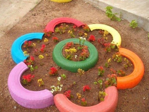 Un letto di fiori di pneumatici