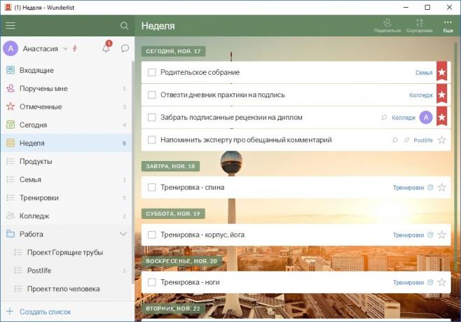 Wunderlist: pianificazione della settimana