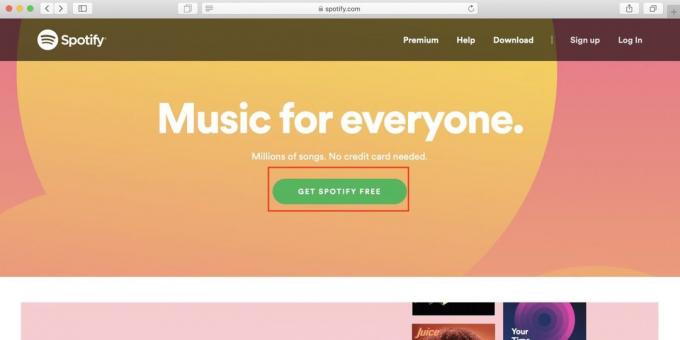 Come utilizzare Spotify in Russia: aperto il sito Spotify e fare clic sul pulsante Get Spotify gratis
