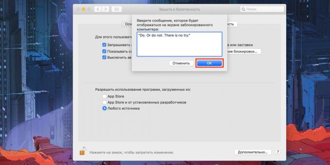 I messaggi sullo schermo Mac Lock: Inserire il testo che si desidera e confermare con "OK"
