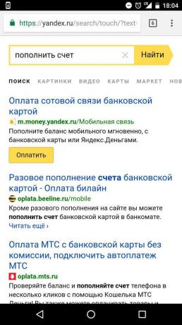 "Yandex": conto refill