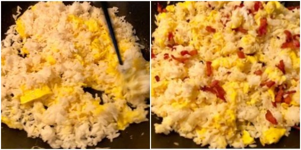 Come cucinare riso fritto con uovo: Quando il riso è riscaldato, aggiungere la pancetta, il sale e salsa di soia e mescolare bene
