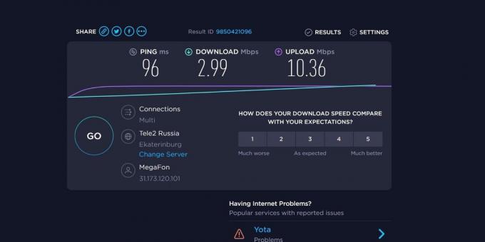 Mobile Internet MegaFon: velocità con Speedtest