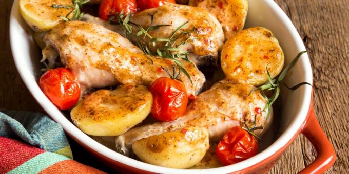 Pollo con patate, cipolle e pomodori al forno