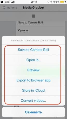 Come scaricare musica da YouTube utilizzando l'applicazione iOS: Salvare il file per aprire la galleria o in qualsiasi applicazione