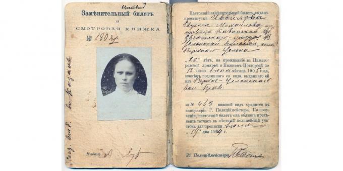 Storia dell'Impero russo: certificato di prostituta per il diritto a lavorare alla fiera di Nizhny Novgorod per il 1904-1905.