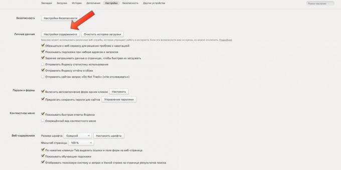 Impostazioni del browser: Biscotto in "Yandex. Browser "