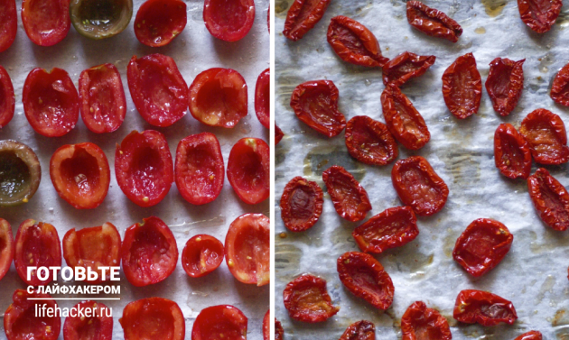 Come cucinare i pomodori secchi a casa: mettere i pomodori in forno