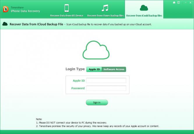 Tenorshare iPhone Data Recovery: l'autenticazione utilizzando account iCloud